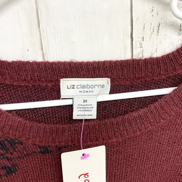 Liz Claiborne Woman 2X Sweater Burgundy Knit Black Floral Crew Neck Acrylic - Picture 2 of 6